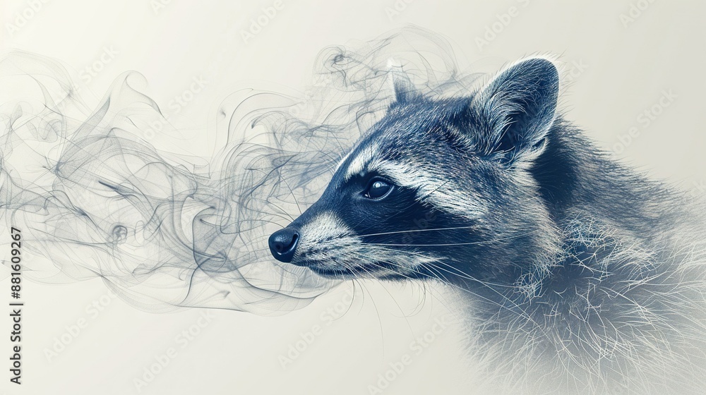 Obraz premium A close-up of a raccoon's face with smoke emerging from behind its head