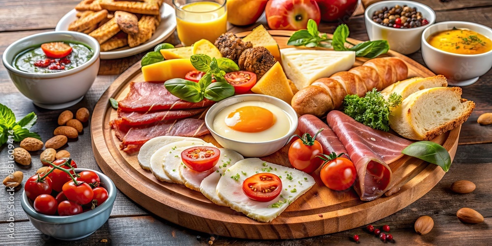 Lavish breakfast platter with eggs, meats, cheese, and fresh produce , gourmet, breakfast, brunch, platter Lavish breakfast platter with eggs, meats, cheese, and fresh produce , gourmet, breakfast, brunch, platter