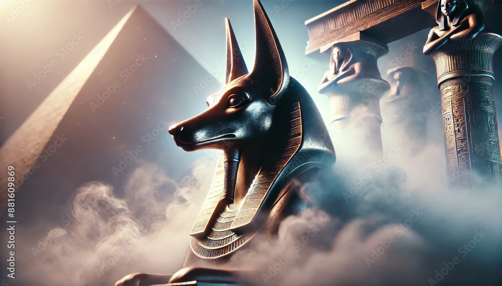 Fototapeta premium A mystical fog enveloping the Anubis statue, with only parts of it visible through the mist.