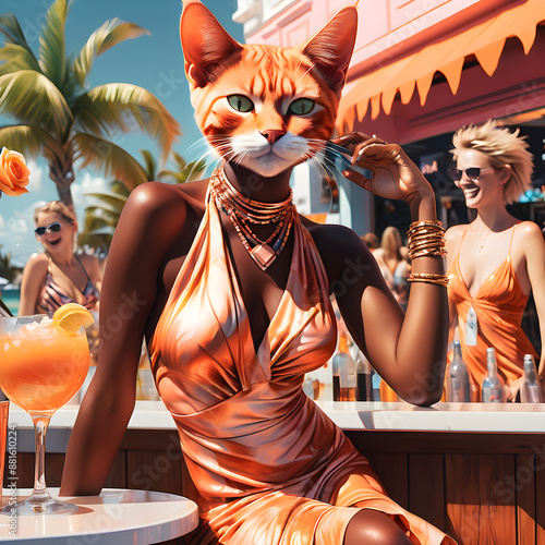 As Beach the young anthropomorphic cat stood in the vibrant bar, she couldn't help but feel joyous amidst the pulsating music and sunbathed crowd. Despite facing adversity, she exuded a sense of resil photo