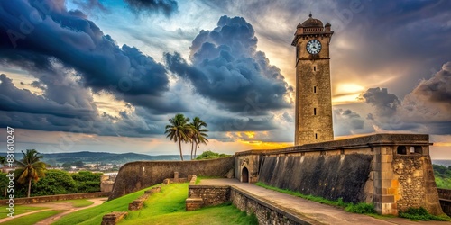 Famous clock tower in historic Galle Fort, Sri Lanka, against dramatic sky, clock tower, Galle Fort
