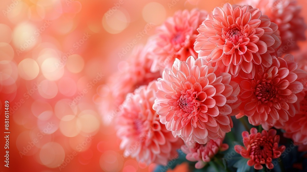 A vase filled with pink flowers sits atop a wooden table against a red-and-white wall and blurry background A vase filled with pink flowers sits atop a wooden table against a red-and-white wall and blurry background