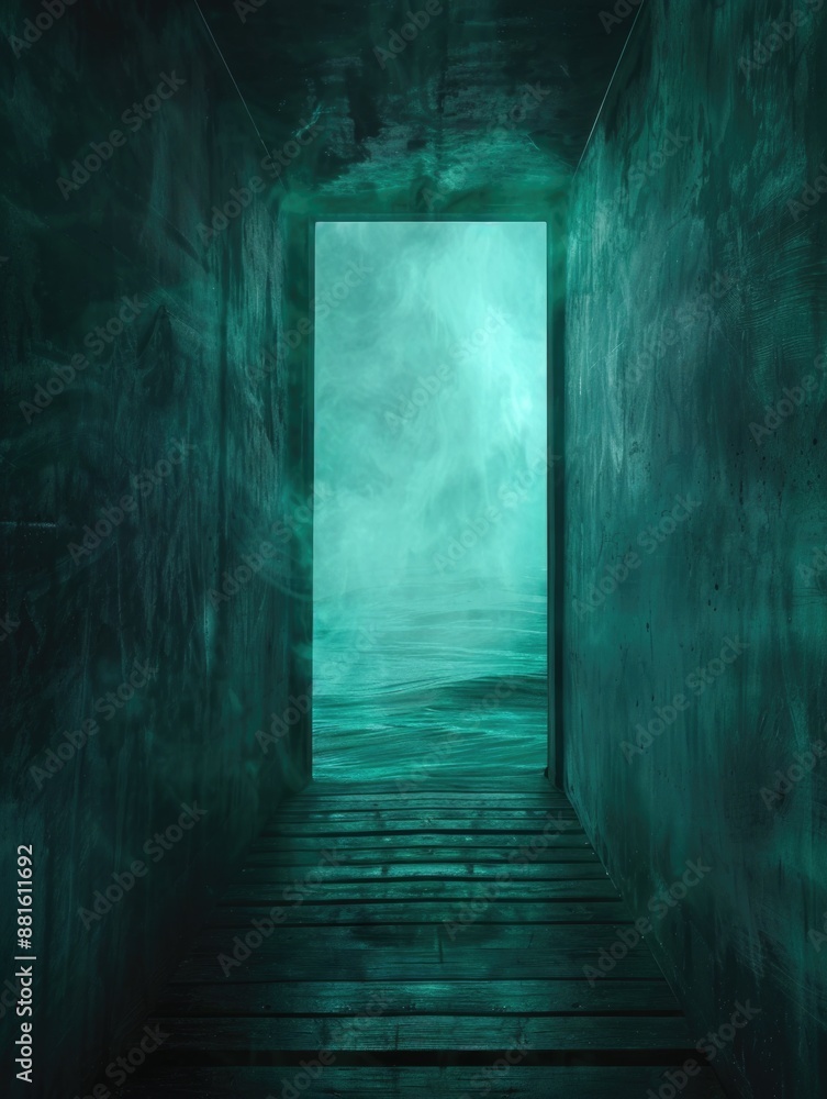 Dark, narrow hallway with door in middle Dark, narrow hallway with door in middle