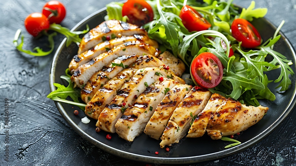 Grilled chicken fillet served with a crisp green salad Grilled chicken fillet served with a crisp green salad