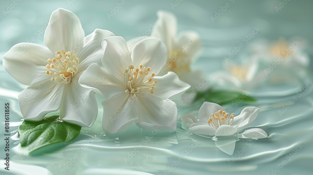 Fototapeta premium White flowers float atop water with lush greenery on the shore