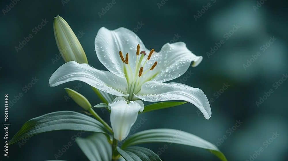 Fototapeta premium Close-up of a white lily with water droplets on its petals against a green, leafy backdrop