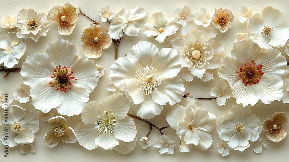 A cluster of white blooms resting on a white wall, surrounded by a sea of white and brown petals A cluster of white blooms resting on a white wall, surrounded by a sea of white and brown petals