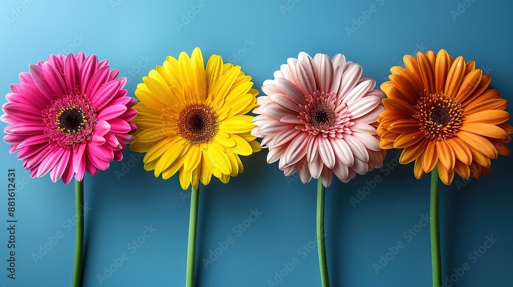 Colorful flowers line a blue wall, with green stems supporting yellow and pink blossoms Colorful flowers line a blue wall, with green stems supporting yellow and pink blossoms