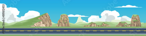 Horizontal view of empty asphalt road. Background of hill with a large cliff. and the mountain ranges far away. Under the white clouds and blue sky.