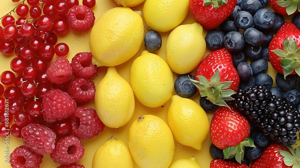 A close-up of several fruits on a table, including lemons, raspberries, blueberries, and strawberries A close-up of several fruits on a table, including lemons, raspberries, blueberries, and strawberries