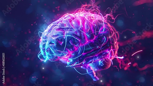A hologram of a human brain. 3D rendering of a glowing brain. Artificial Intelligence concept. Brain futuristic technology. Electric brain. Artificial intelligence digital brain. Copy space area