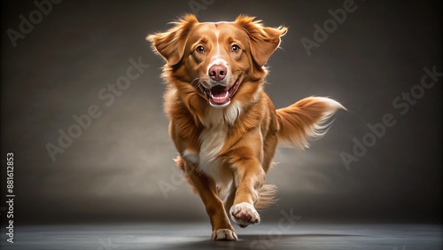 Wide shot of a Nova Scotia Duck Tolling Retriever running, studio portrait.