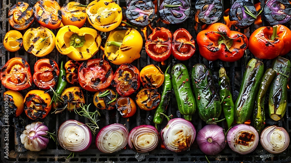Grilled vegetable background in a horizontal top view of a grill Grilled vegetable background in a horizontal top view of a grill