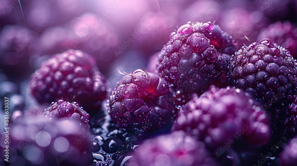 A bountiful array of raspberries perched atop a collection of glistening water droplets, adorning their juicy surfaces A bountiful array of raspberries perched atop a collection of glistening water droplets, adorning their juicy surfaces