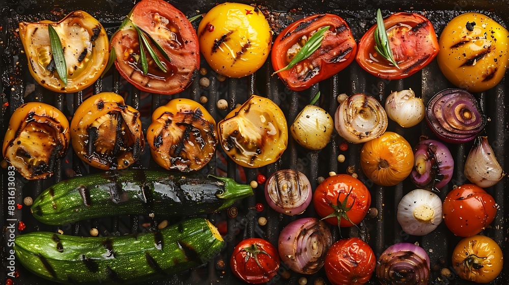 Grilled vegetable background in a horizontal top view of a grill Grilled vegetable background in a horizontal top view of a grill