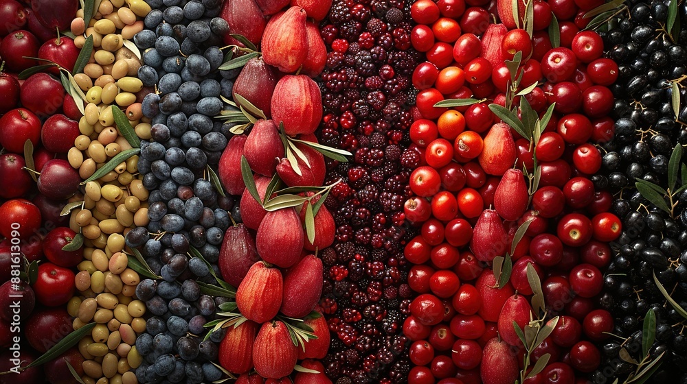 A variety of colorful fruits and vegetables is displayed in a rainbow of red, black, yellow, and green hues A variety of colorful fruits and vegetables is displayed in a rainbow of red, black, yellow, and green hues