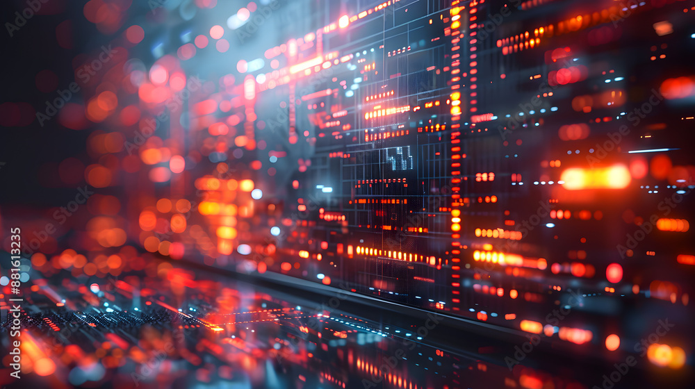 Abstract image of futuristic digital interface with red and blue lights, representing technology, data analysis, and cybersecurity. Abstract image of futuristic digital interface with red and blue lights, representing technology, data analysis, and cybersecurity.