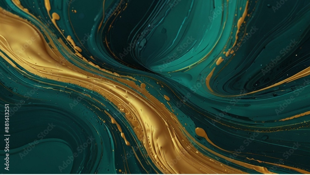 Abstract background with waves and golden lines blended with liquid green teal paint.