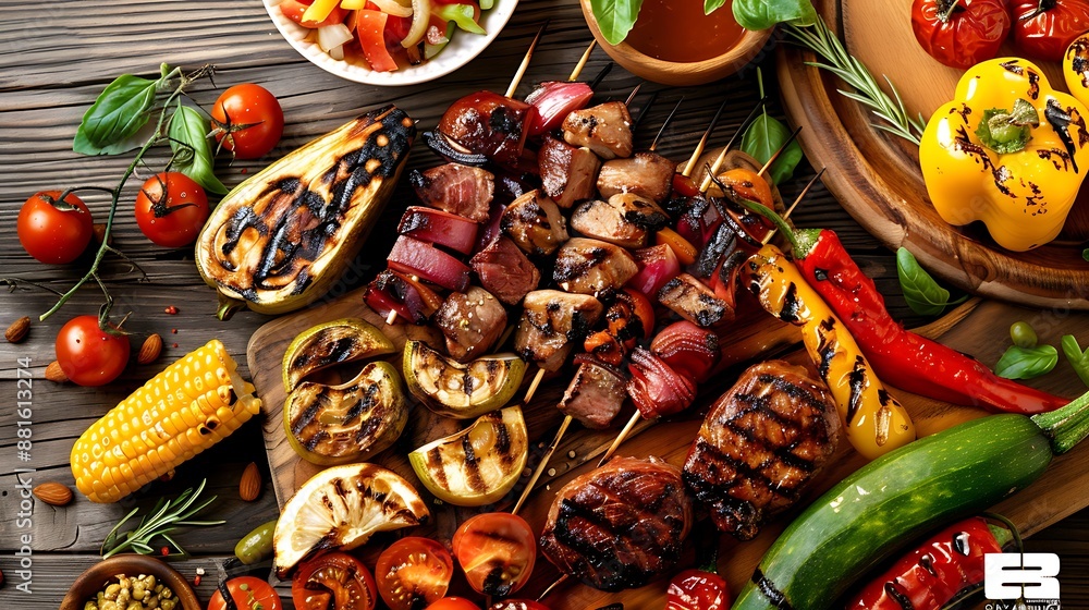 Grilled veggies and meat on the wooden table Grilled veggies and meat on the wooden table