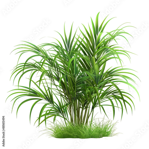 A cluster of vibrant green palm fronds and grass are isolated against a white background