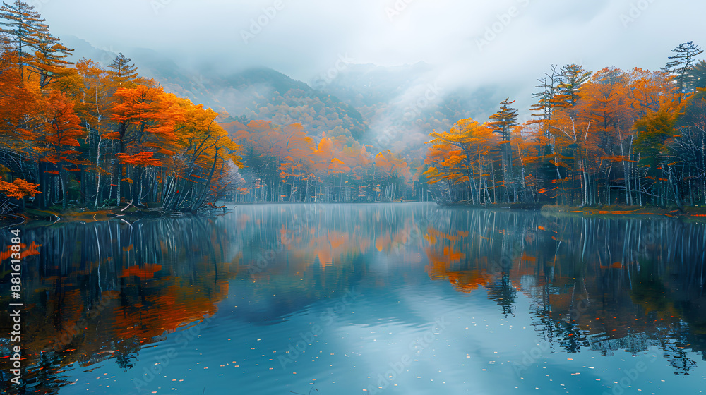 Naklejka premium Serene autumn landscape with vibrant foliage reflected in calm lake water, under misty mountains.