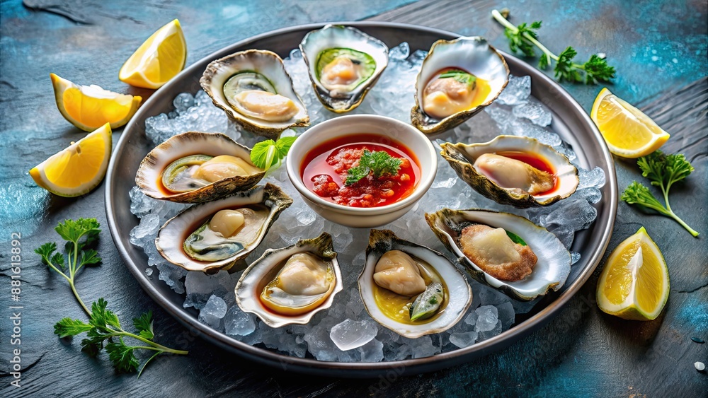 Fresh Chilean oysters served on ice with lemon wedges and cocktail sauce, oysters, seafood, fresh, Chilean, delicacy, appetizer Fresh Chilean oysters served on ice with lemon wedges and cocktail sauce, oysters, seafood, fresh, Chilean, delicacy, appetizer