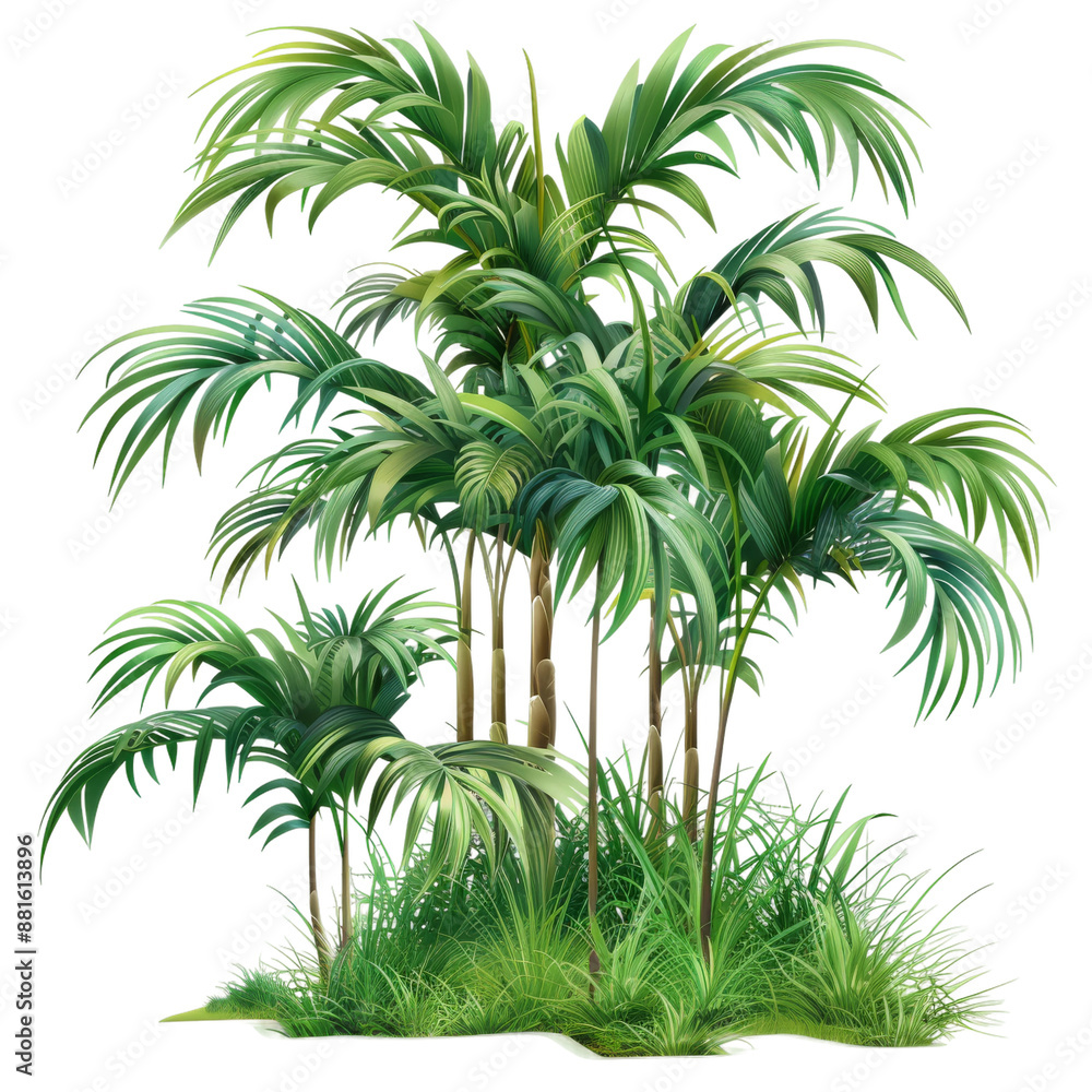 A group of green palm trees stand tall in a lush meadow, their leaves reaching towards the sun A group of green palm trees stand tall in a lush meadow, their leaves reaching towards the sun