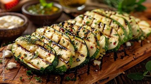 Grilled zucchini and mozzarella cheese on a wooden platter is pinsa romana