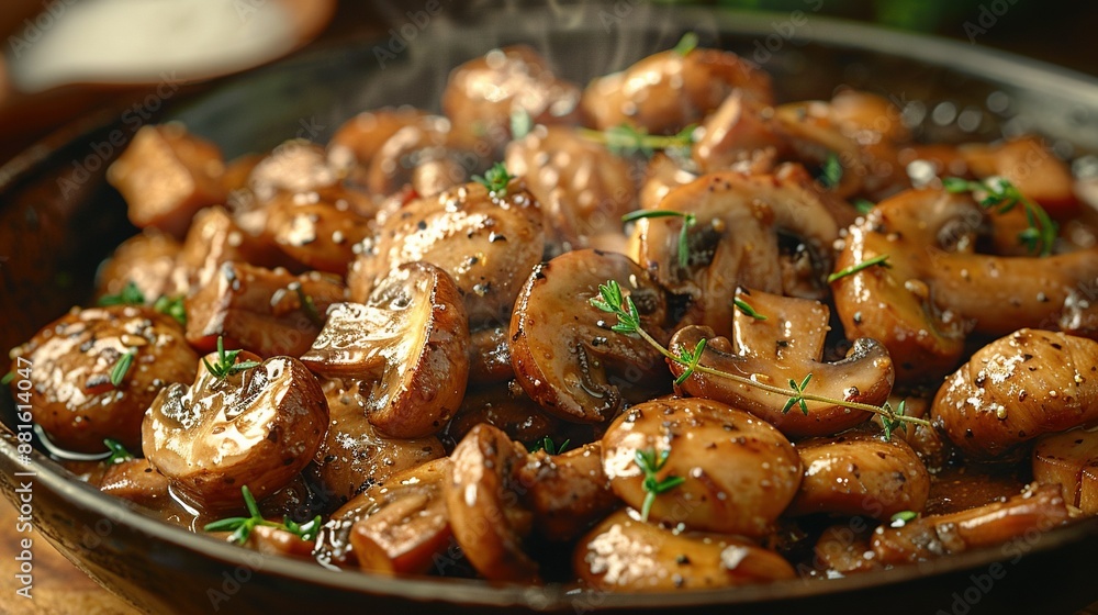 A zoomed-in shot of a plate holding mushroom sauce and sautéed mushrooms, adorned with fresh parsley A zoomed-in shot of a plate holding mushroom sauce and sautéed mushrooms, adorned with fresh parsley