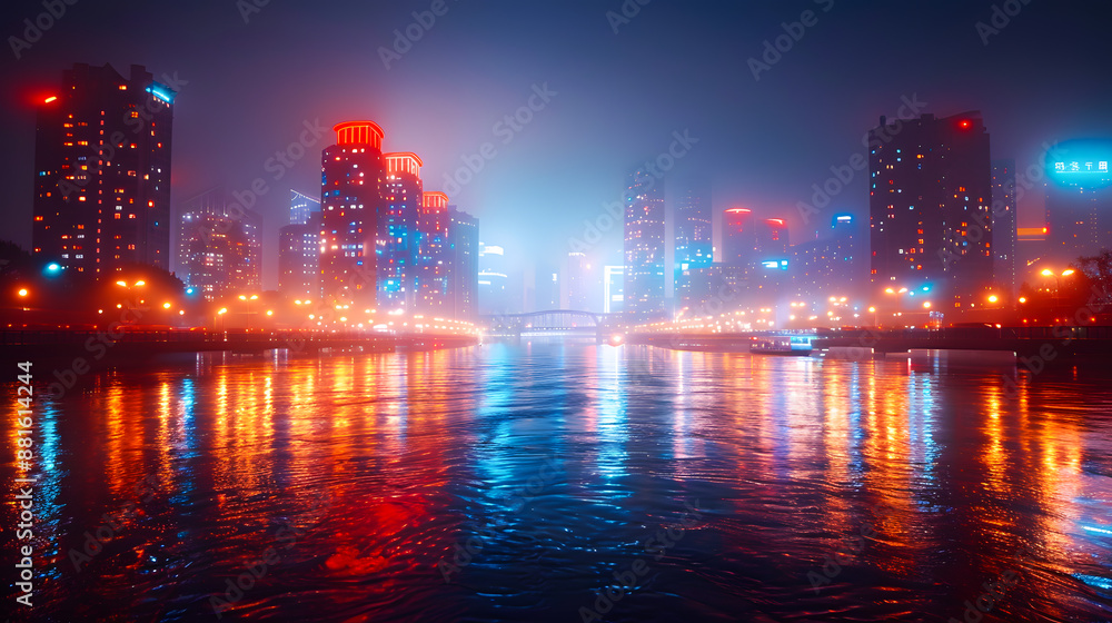 Vibrant cityscape with illuminated skyscrapers reflecting in the river at night, creating a stunning and colorful urban view. Vibrant cityscape with illuminated skyscrapers reflecting in the river at night, creating a stunning and colorful urban view.