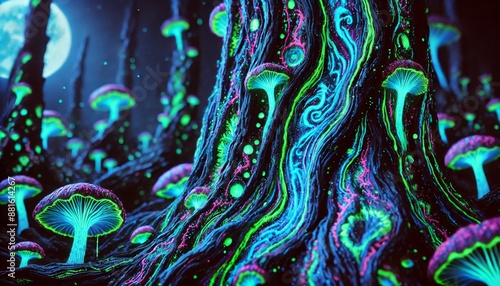 A detailed close-up of bioluminescent tree bark in an otherworldly, glowing forest.