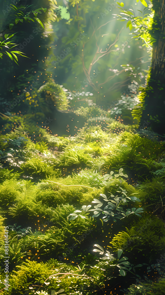 Fototapeta premium Close up of lush green moss and small plants in the forest