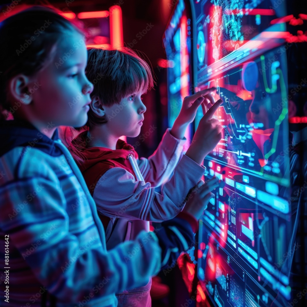 Group of kids using a large touchscreen to manipulate 3D graphs, cyberpunk style, neon lights, dark background, high detail, immersive technology, vibrant contrast Group of kids using a large touchscreen to manipulate 3D graphs, cyberpunk style, neon lights, dark background, high detail, immersive technology, vibrant contrast