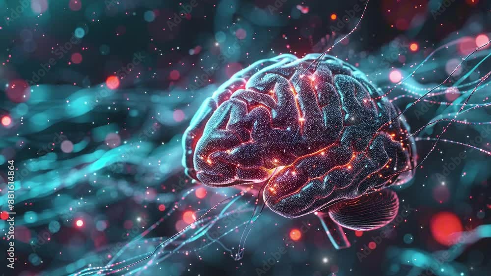 A hologram of a human brain. 3D rendering of a glowing brain ...