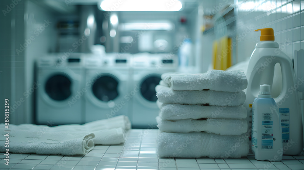 Stack of white folded towels in a bright laundry shop with a washing machine and clean white laundry room. Stack of white folded towels in a bright laundry shop with a washing machine and clean white laundry room.