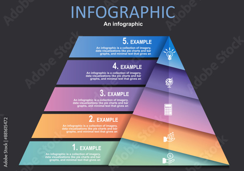 Vector infographic, pointed conical triangle with 5 layers divided into steps, timeline, growth for education presentation, administration, planning, modern style on gray background.