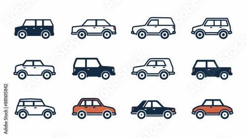 Linear style car icon set with transport symbols in vector illustration.