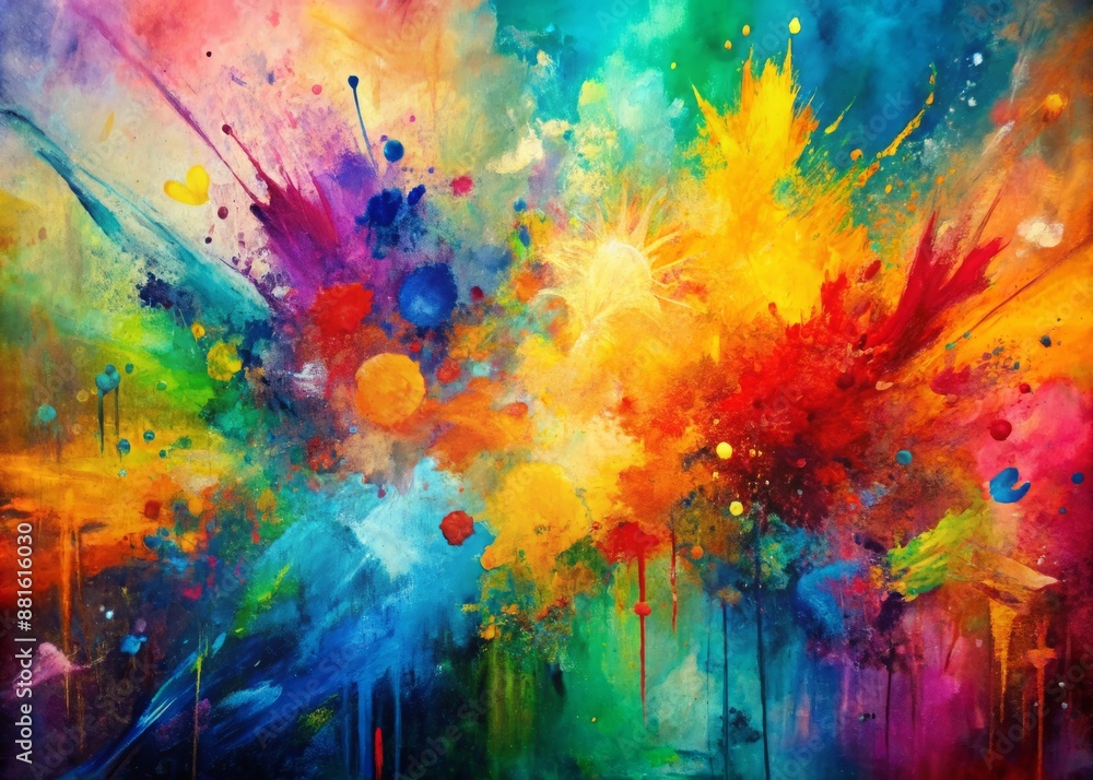 Vibrant multicolor abstract painting with grunge texture on canvas featuring dynamic brush strokes, splashy colors, and blended oil and acrylic paint elements. Vibrant multicolor abstract painting with grunge texture on canvas featuring dynamic brush strokes, splashy colors, and blended oil and acrylic paint elements.