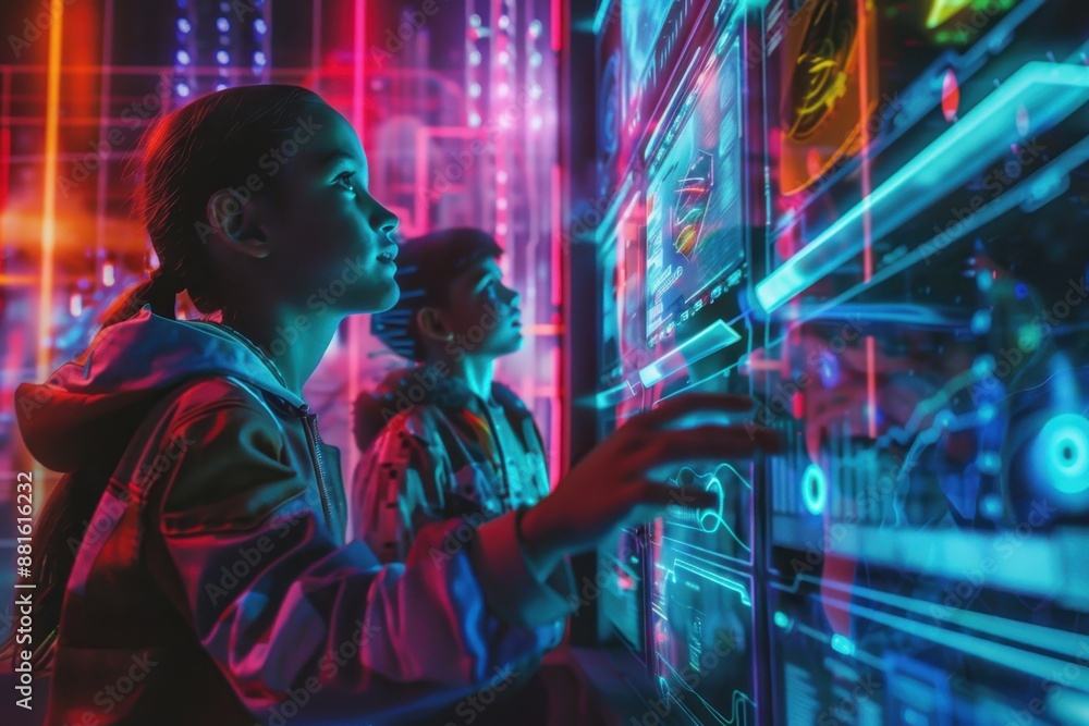 Group of kids exploring a futuristic science lab, holographic displays, bright neon lights, digital interface, hightech gadgets, photorealistic, vibrant colors, high detail Group of kids exploring a futuristic science lab, holographic displays, bright neon lights, digital interface, hightech gadgets, photorealistic, vibrant colors, high detail