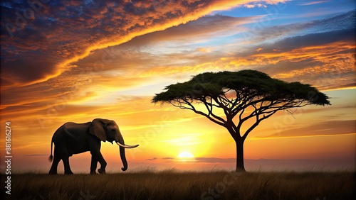 Elephant silhouette merged with African savanna landscape and acacia tree, elephant, silhouette, African, savanna, landscape