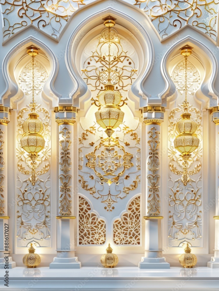 Fototapeta premium Beautiful white and gold wall with intricate designs and gold accents
