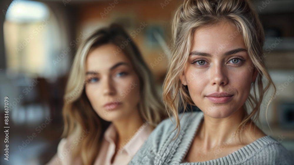 A mother and daughter or two sisters. One is in the foreground while the woman behind her is giving her a side eye glance. Winning an argument. Proving a point. A mother and daughter or two sisters. One is in the foreground while the woman behind her is giving her a side eye glance. Winning an argument. Proving a point.