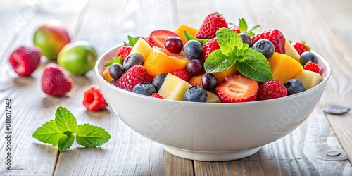 Fototapeta Naklejka Na Ścianę i Meble -  Fresh and colorful fruit salad in a white bowl , healthy, fresh, salad, fruits, vibrant, colorful, tropical, mix, summer