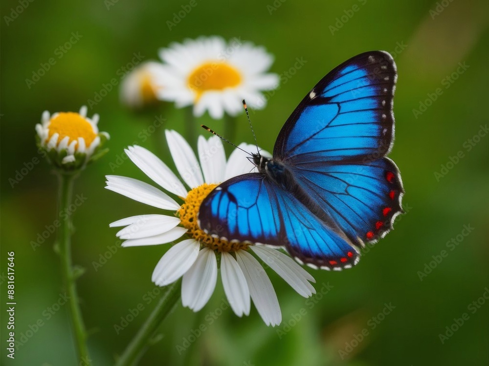 bright tropical blue butterfly on daisy flower. copy space bright tropical blue butterfly on daisy flower. copy space