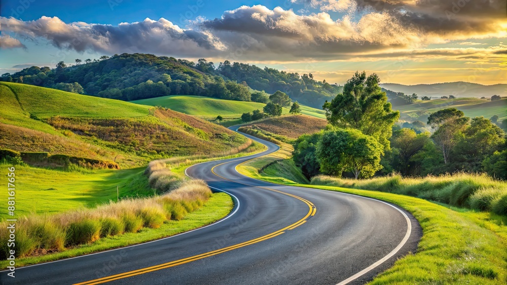 Naklejka premium Curve asphalt road winding through rural landscape, road, curve, asphalt, isolated, transportation, travel, journey