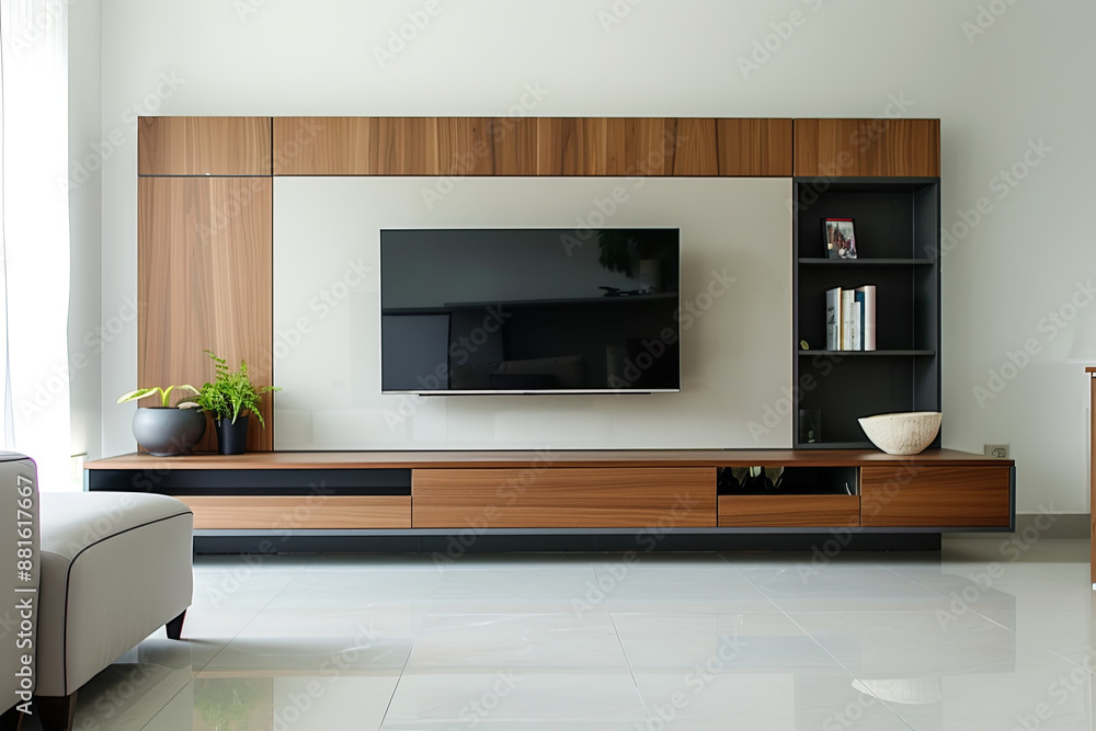 Fototapeta premium Modern interior with a cabinet for TV against a white wall