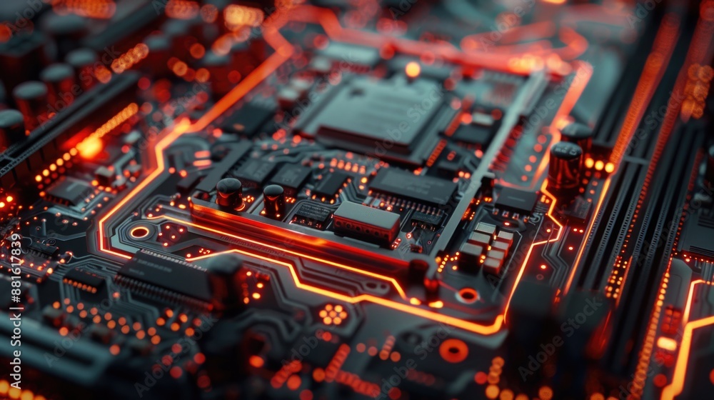 Close up of computer chip with red glow Close up of computer chip with red glow