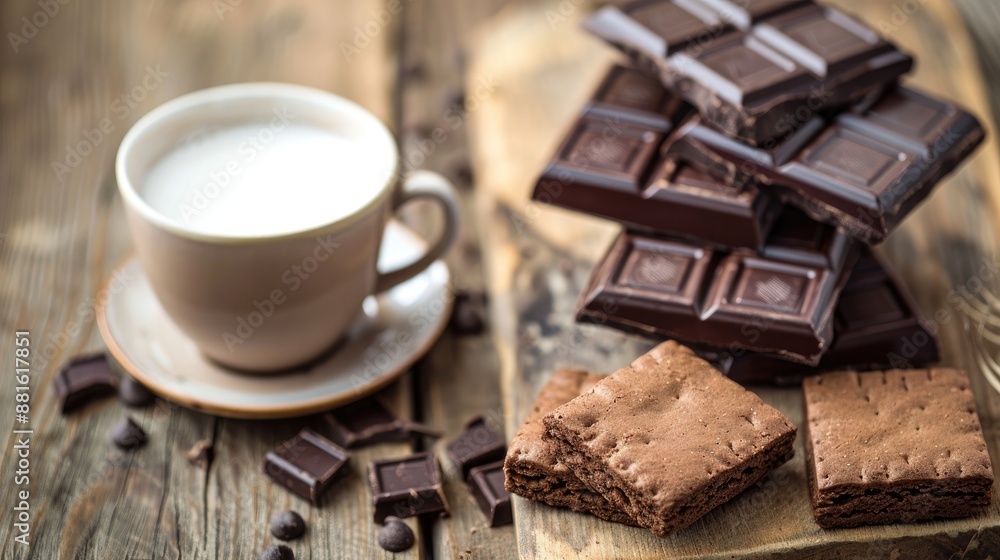 Chocolate biscuits and milk for breakfast on a wooden background Chocolate biscuits and milk for breakfast on a wooden background