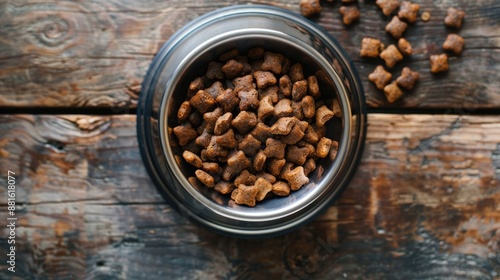 Canned pet food in metal bowl on wooden floor from above