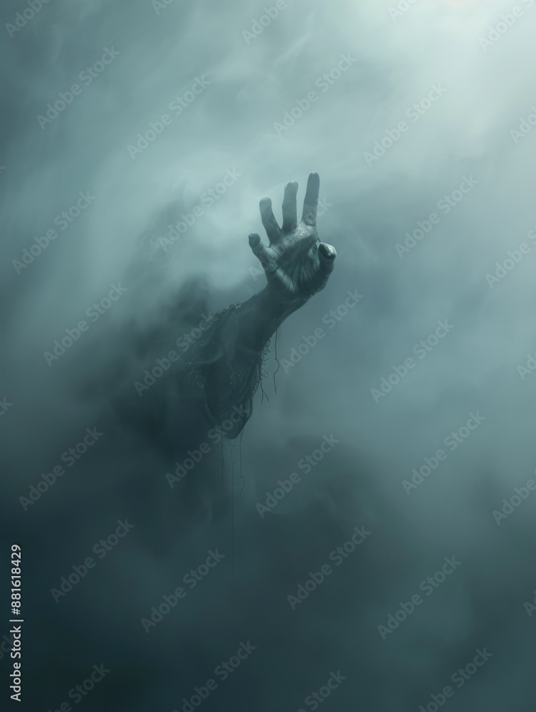 Hand is reaching out in air, with dark figure in background Hand is reaching out in air, with dark figure in background